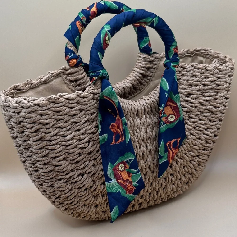 Aqua Tan Woven Tote with Blue Scarf Detail / The white lotus Edition
